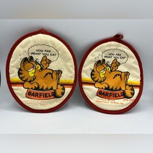 Vtg 1978 GARFIELD Cat POT HOLDER Hot Pad w/ Wood Ring YOU ARE WHAT YOU EAT